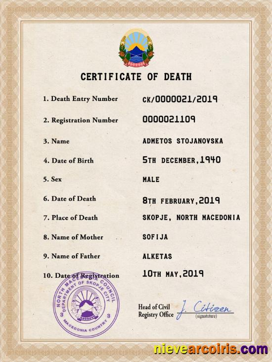 North Macedonia vital record death certificate